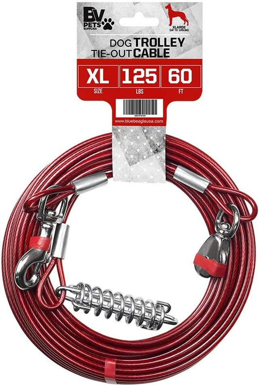 Dog Trolley Cable, Trolley System, Camping for Dogs - up to 125 Lbs | Dog Runner outside for Yard Heavy Duty | Cable 60 Ft | Outdoor Camping Zipline (125Lbs/ 60Ft/ Trolley)